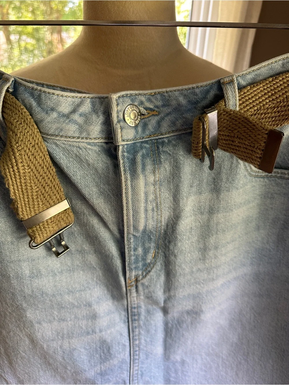 LOFT Light Blue Denim A-Line Skirt with Tan Woven Belt